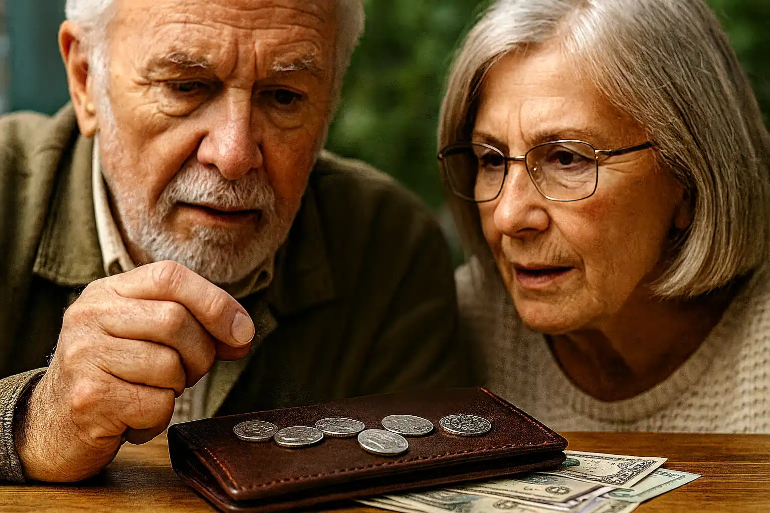 An elderly couple carefully observes 2024 quarters on a leather wallet.