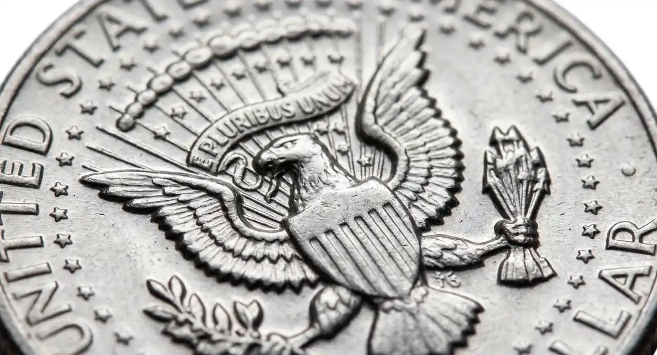 Extreme macro detail of eagle reverse on a 1973 half dollar