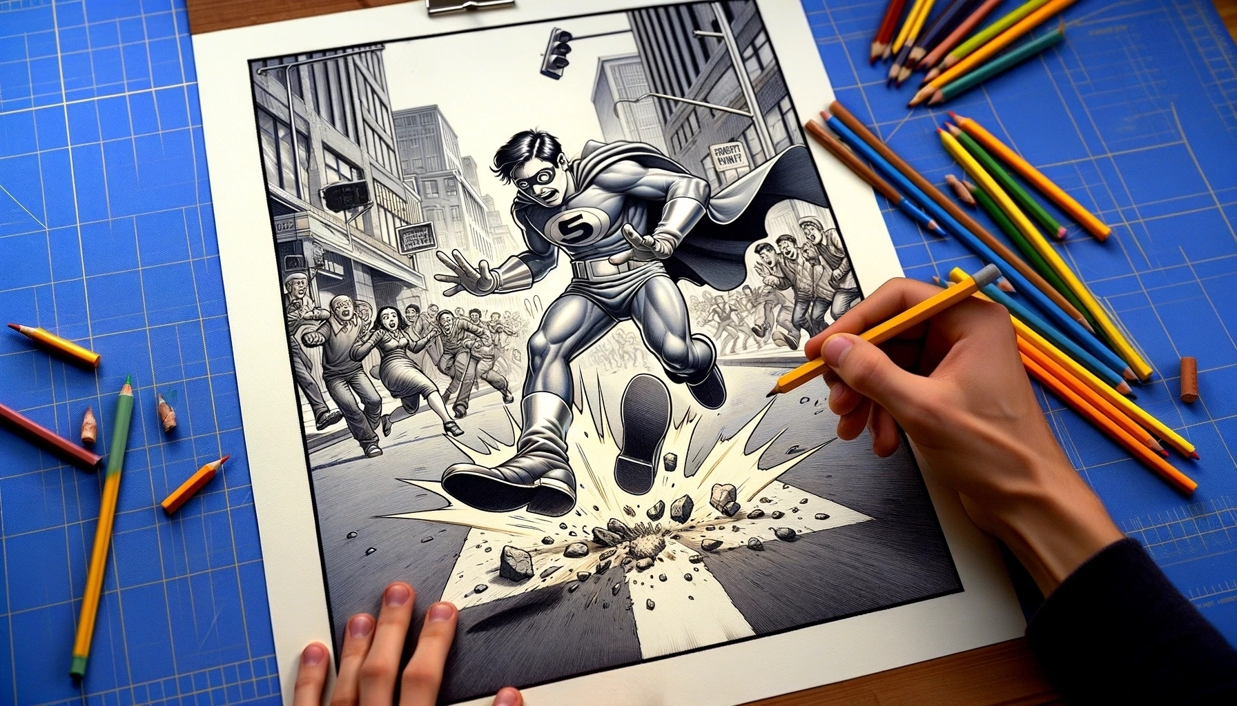 young artist's hand finishing the creation of a comic book cover