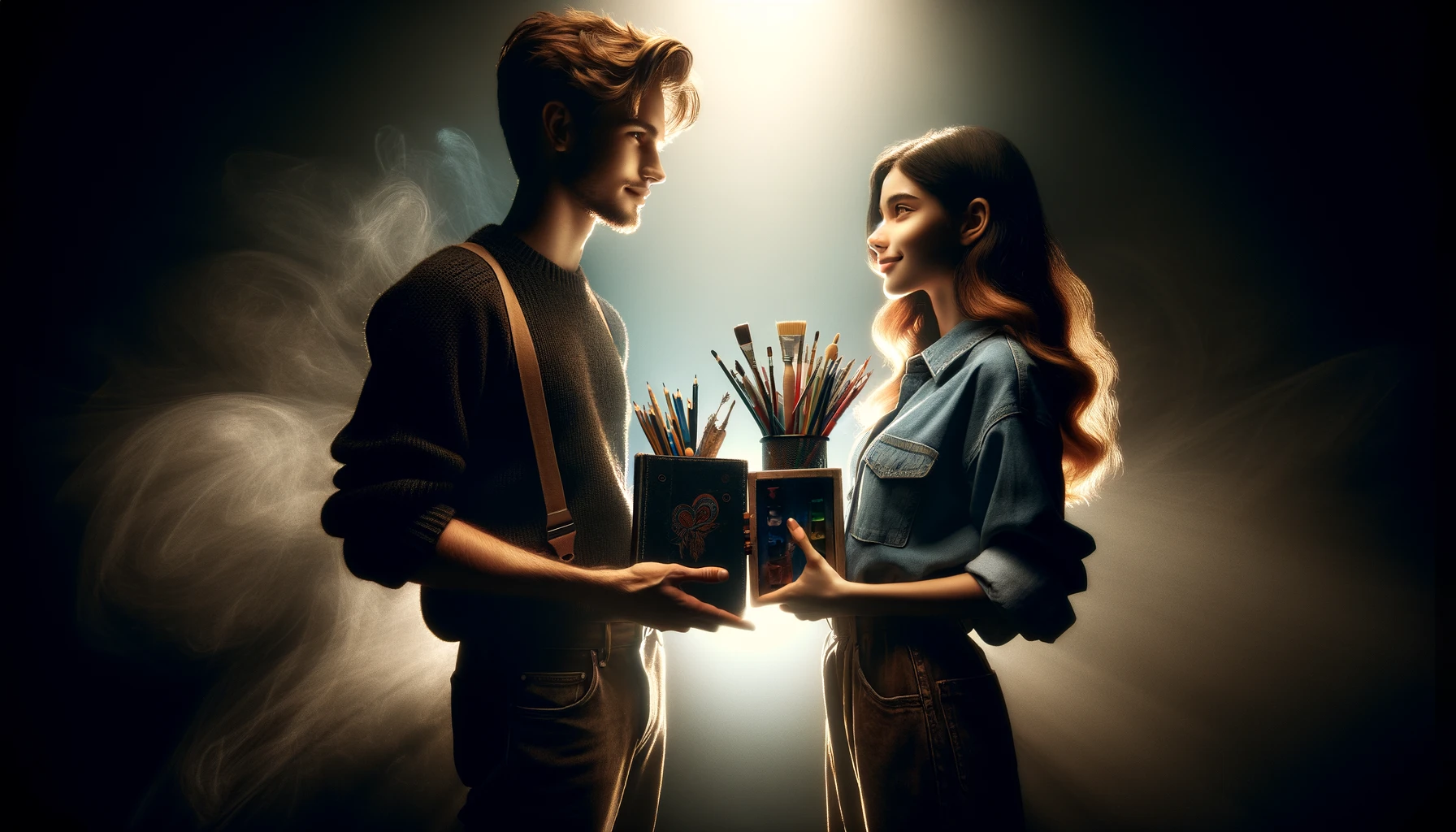 young man and a young woman, standing tall against a dark background