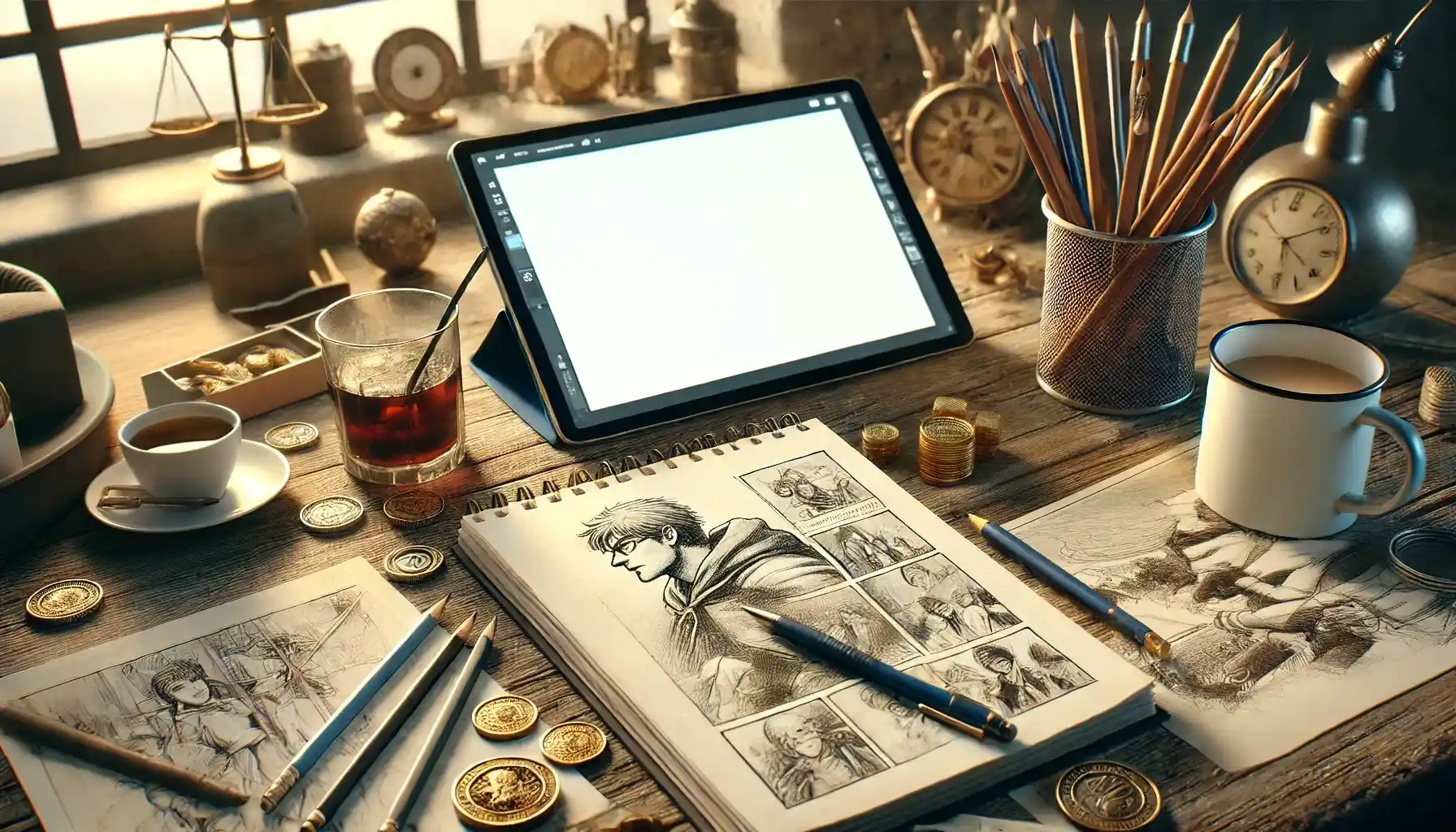 An artist's workspace showing a sketchbook with a partially completed comic sketch, pencils, and a tablet displaying a digital comic creation app.