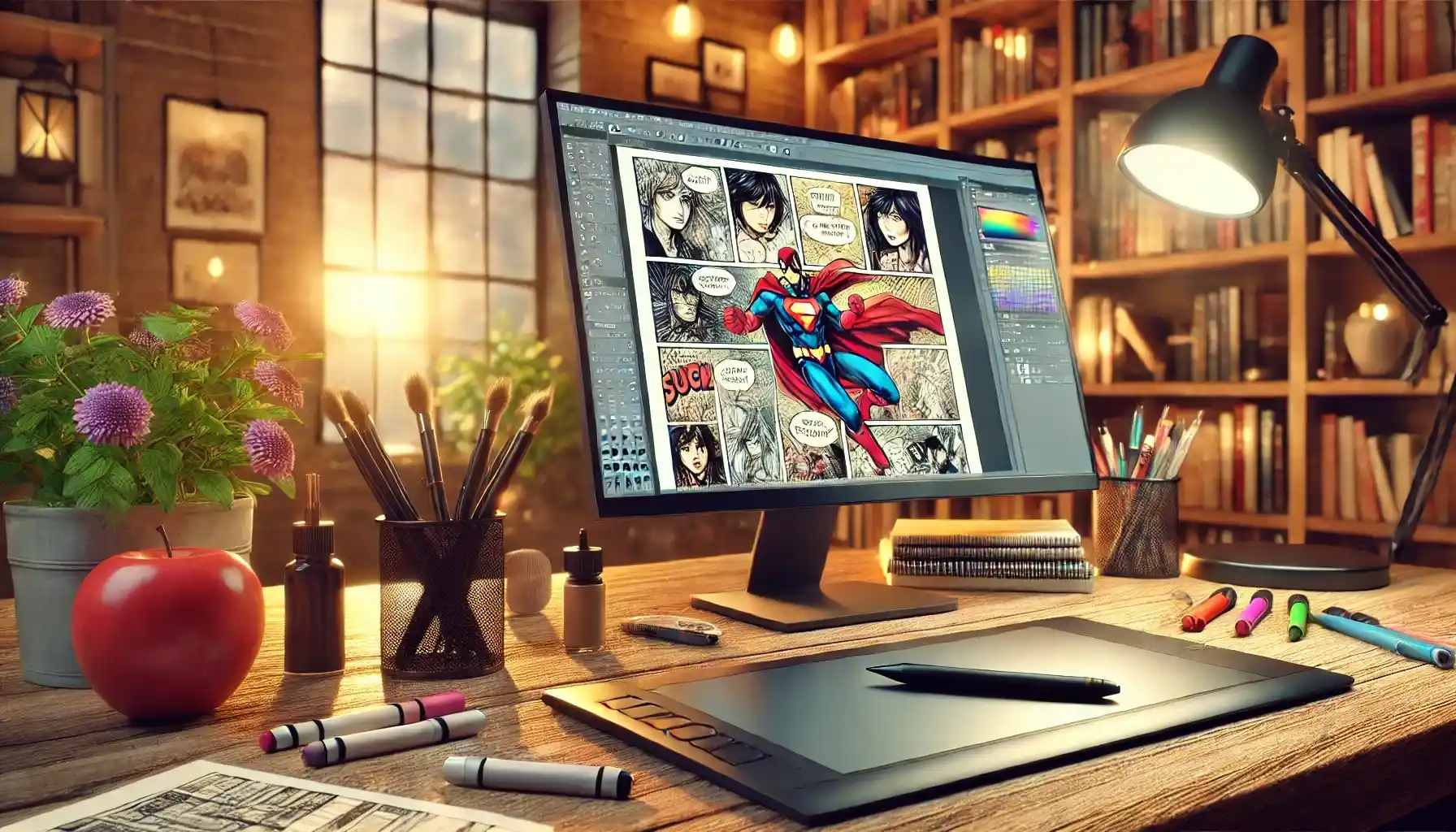 A comic artist's digital workstation with a large monitor displaying a colorful comic book panel in progress. 