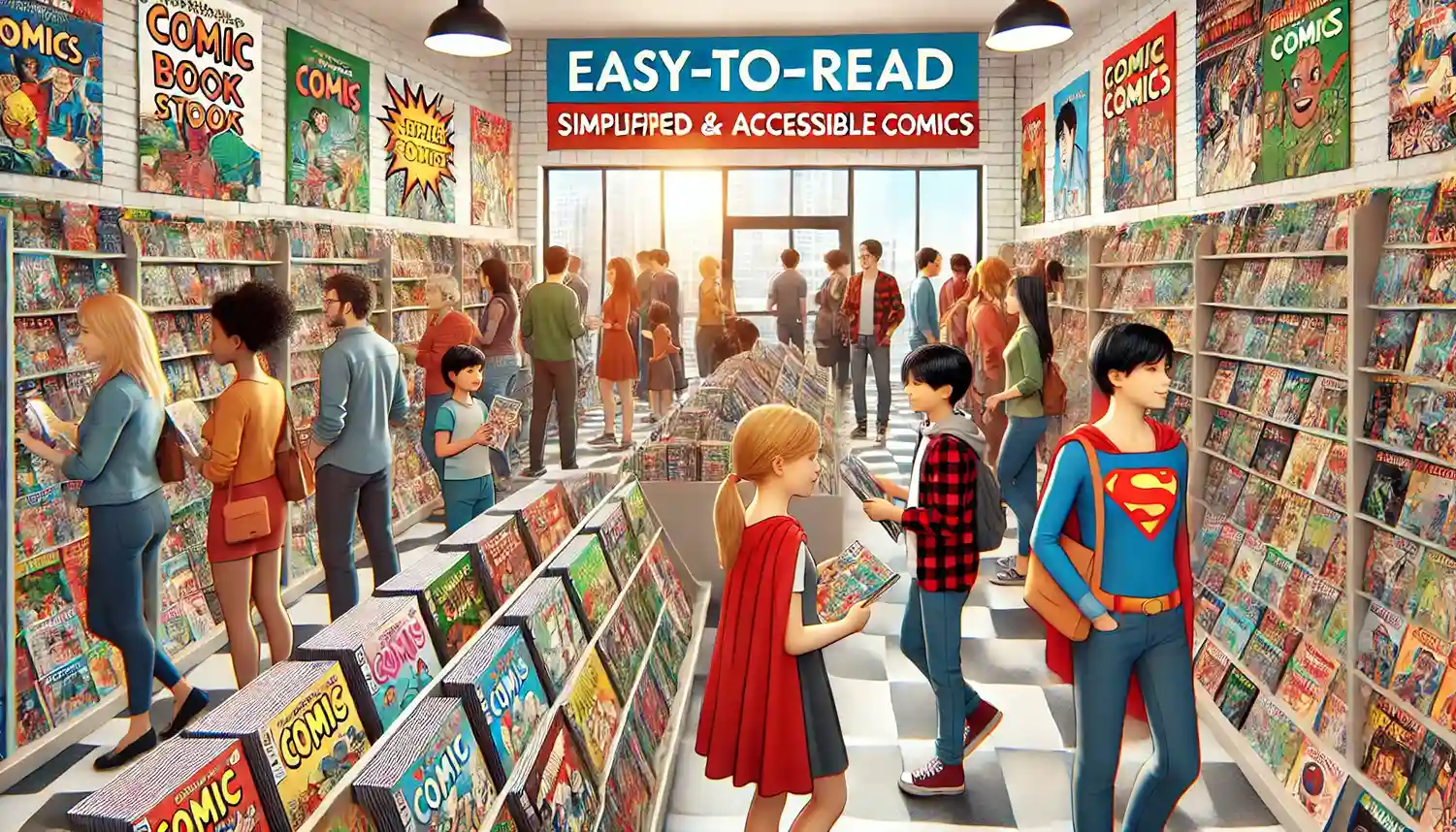 A vibrant and inviting comic book store scene, depicting a diverse group of individuals, including children and adults, exploring simplified and accessible comics in a colorful, welcoming environment.
