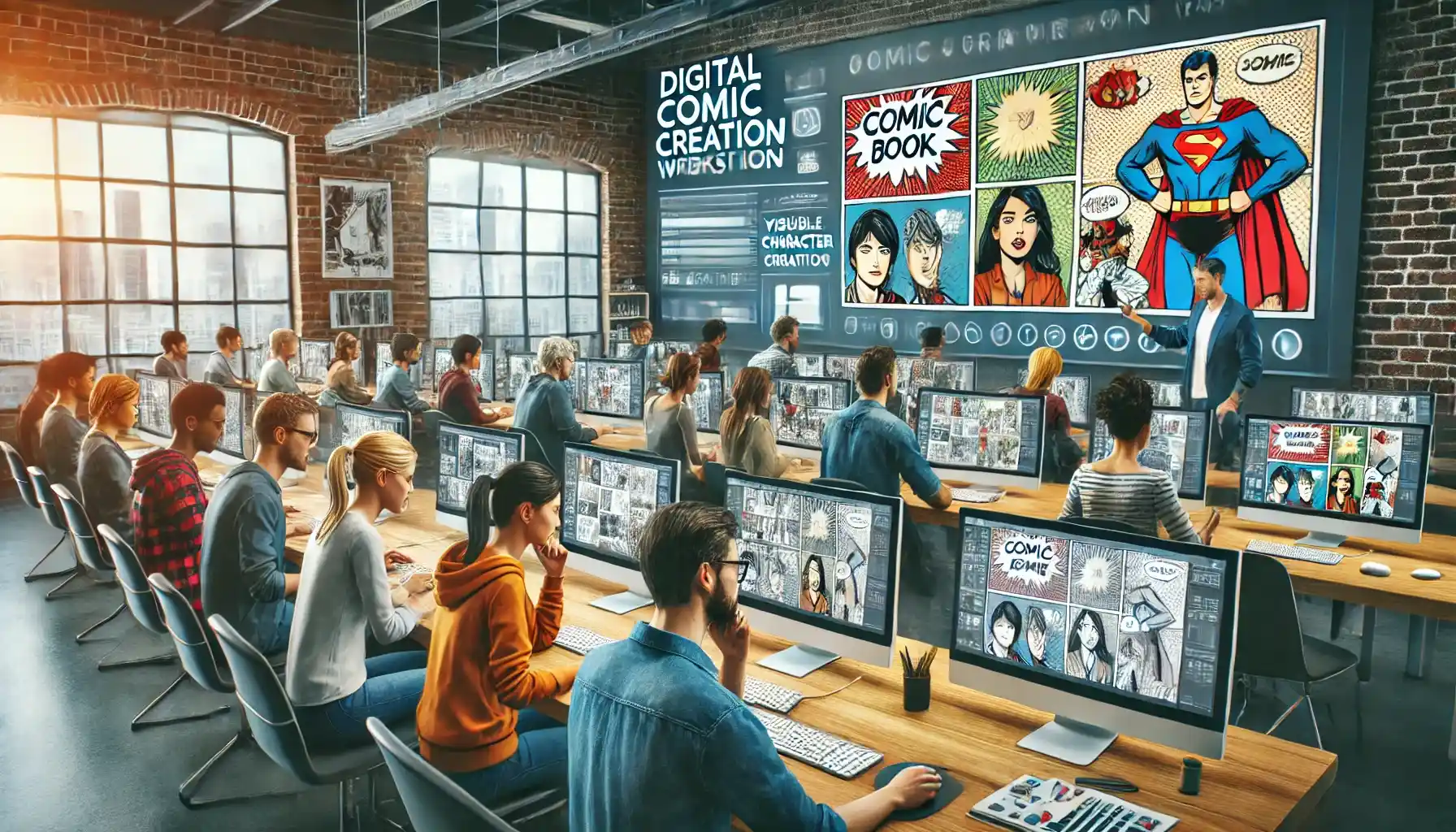 An engaging digital comic creation workshop, showcasing a diverse group of aspiring artists and writers learning about comic book creation in a modern classroom setting, guided by an instructor.