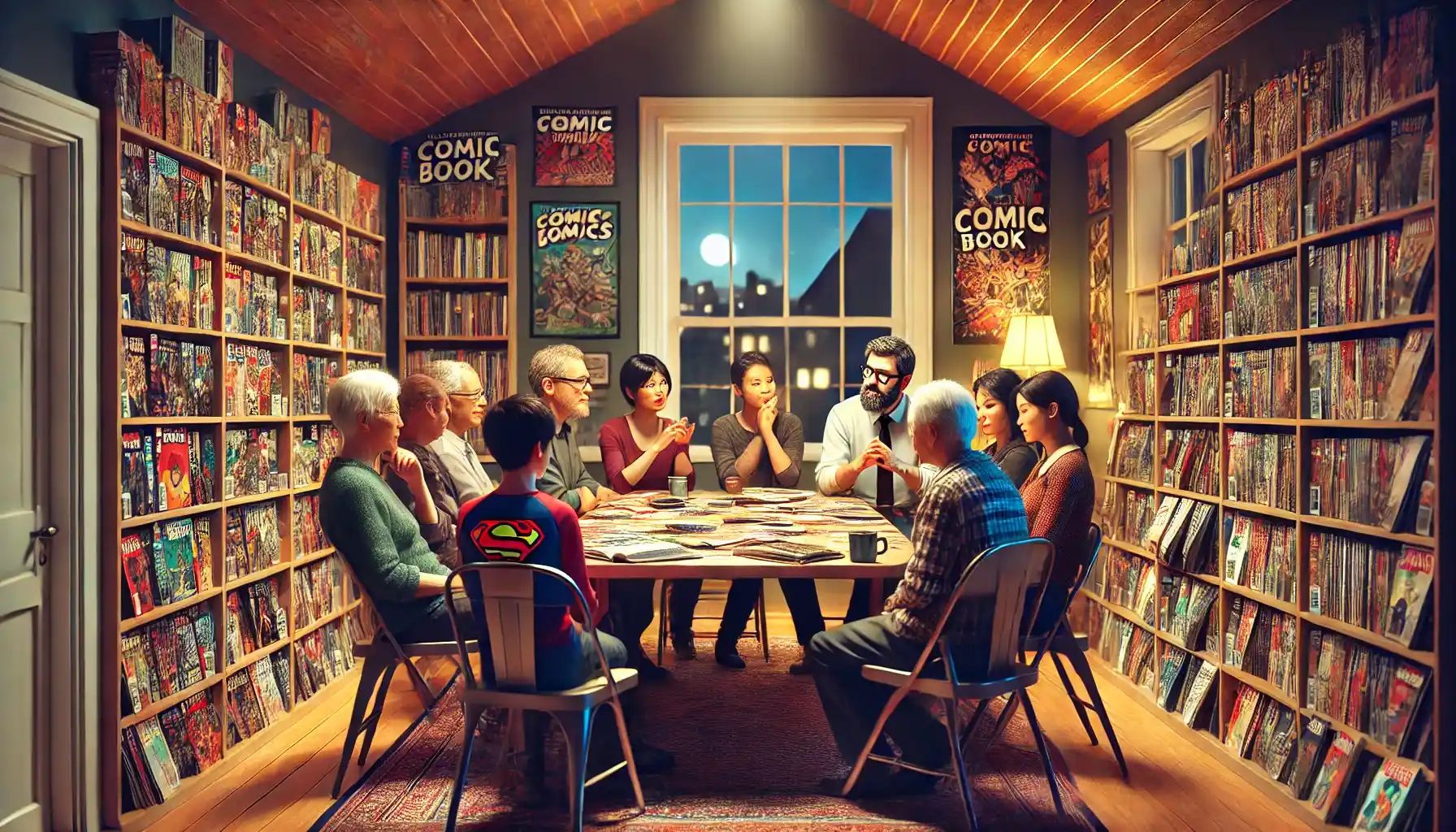 a home library, where a diverse group of comic book enthusiasts of various ages are gathered around a large table, deeply engaged in a discussion about different comic book genres.