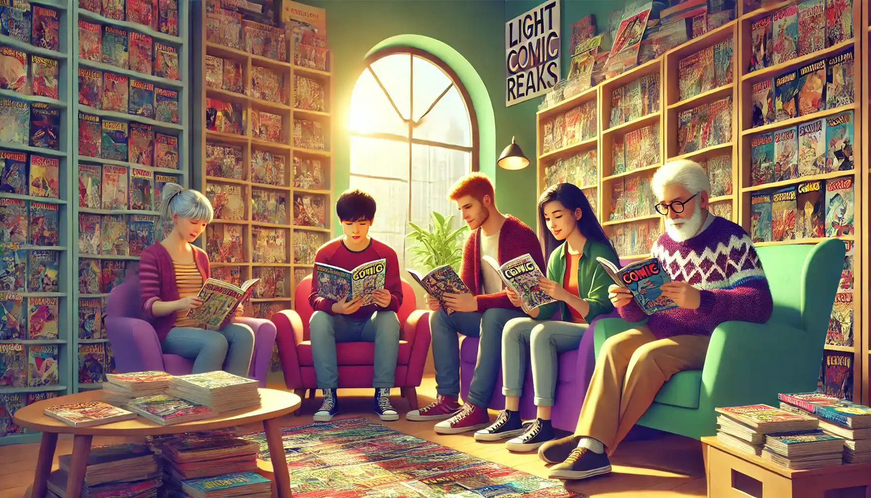 A cozy comic book reading scene in a local library, depicting a diverse group of people enjoying various comics in a warm, inviting environment.