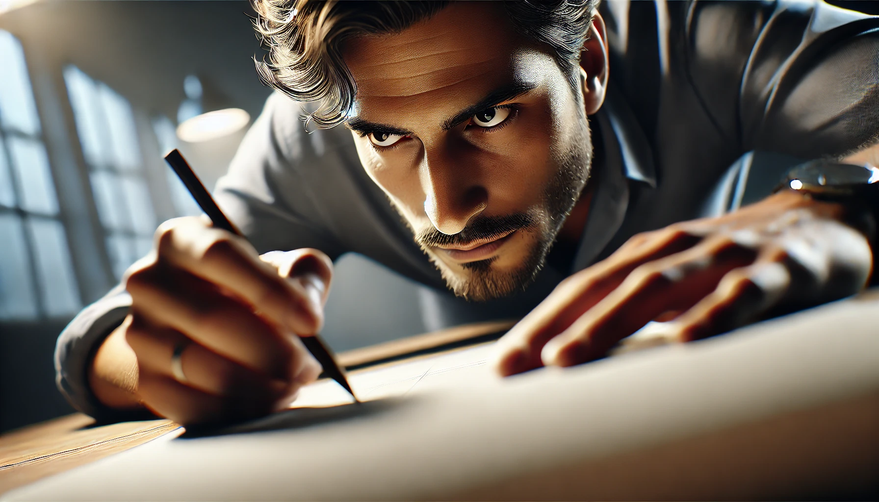 A man intently looking at what he is drawing, with the focus on his concentrated expression while the drawing itself remains out of view, adding a sense of mystery.