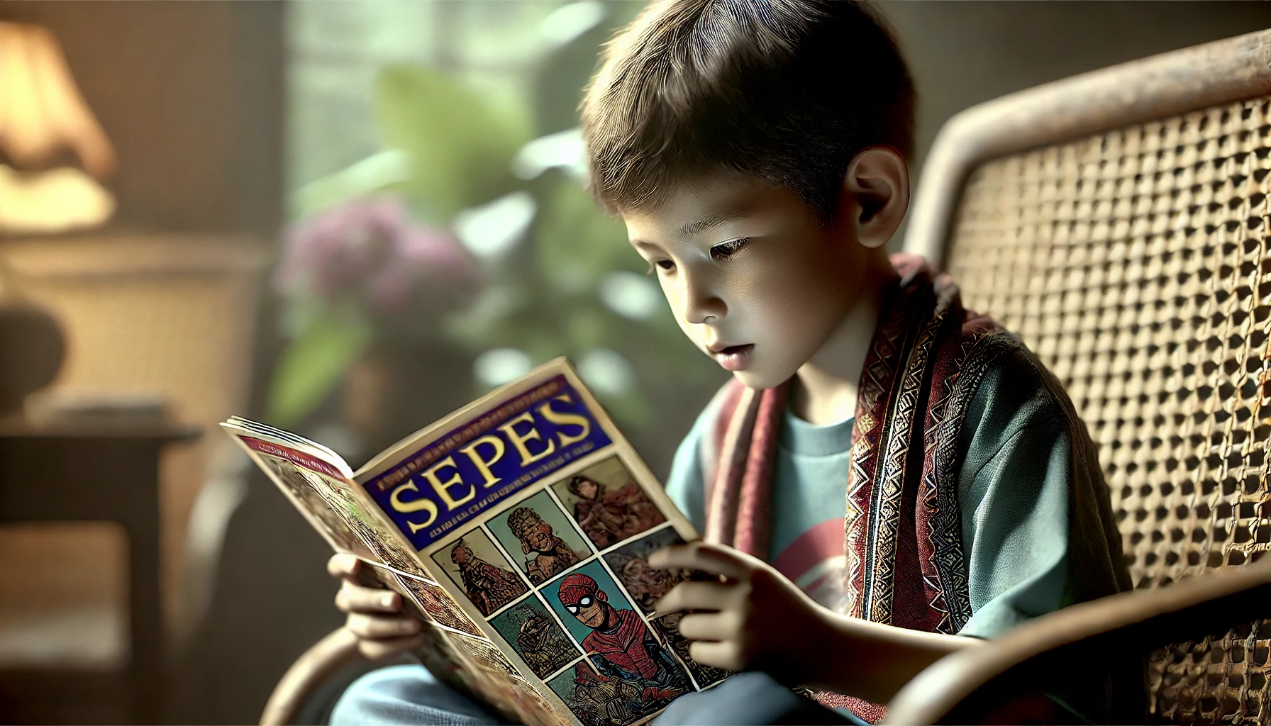 A child deeply engrossed in reading a comic book, with an expression of intense concentration in a cozy, relaxed setting.