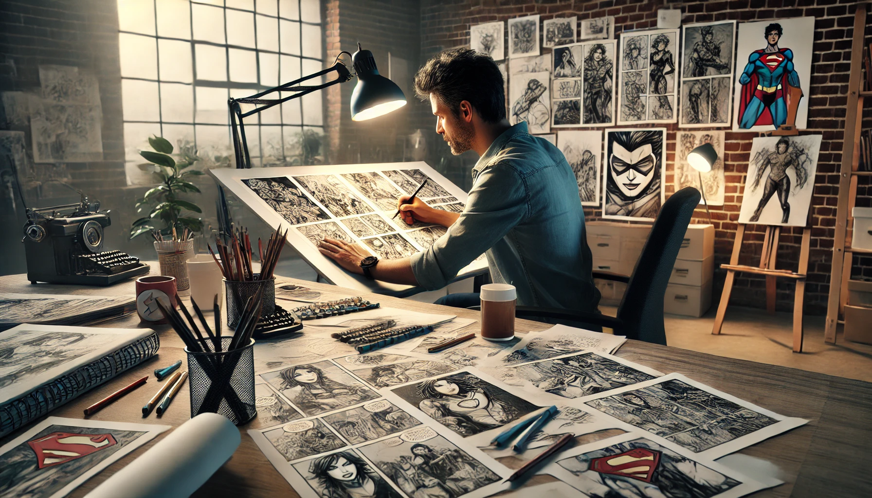 artist working on their comic book at a large drawing desk. 