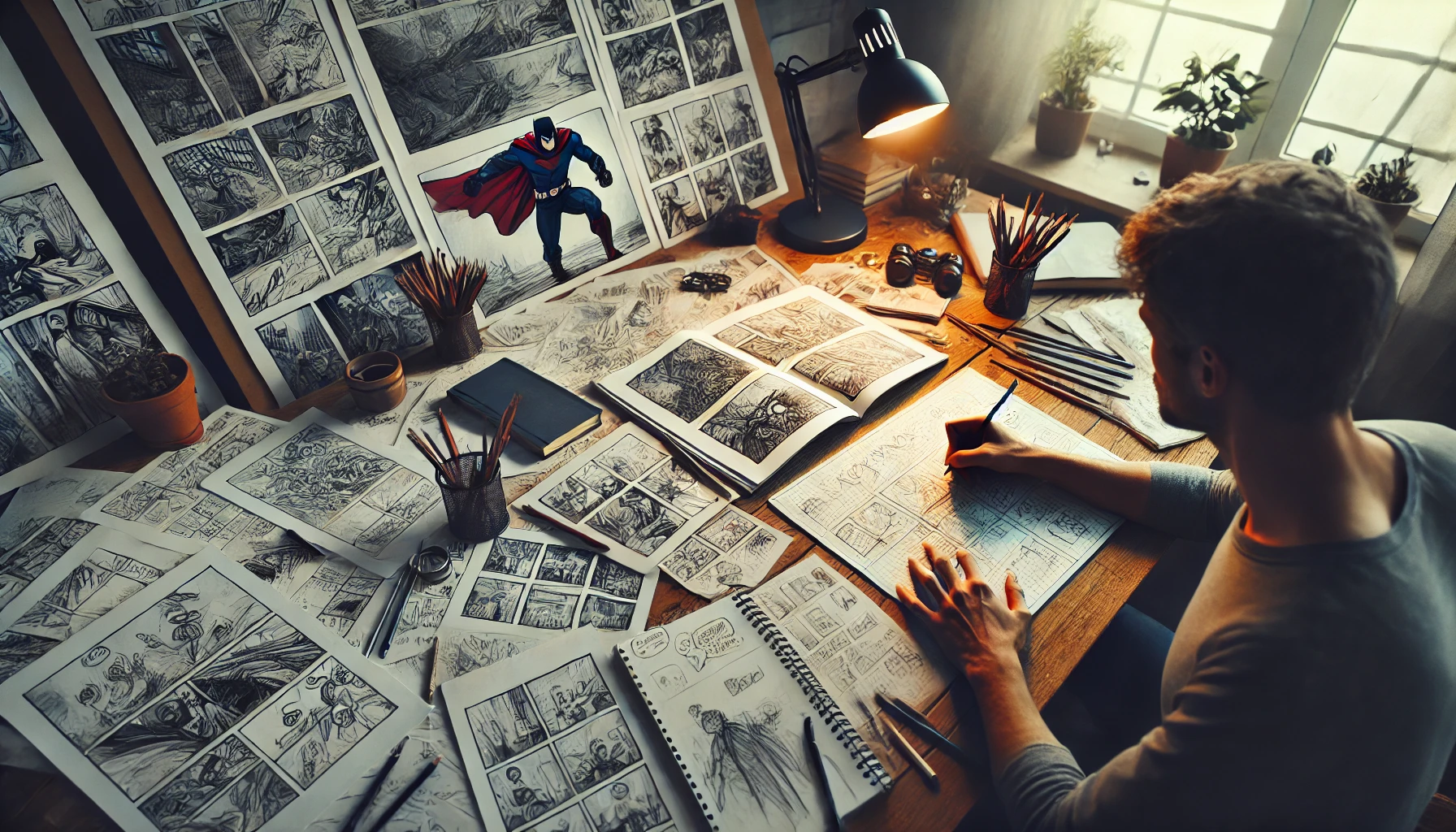 a comic artist at a desk, surrounded by sketches and storyboards, using sketchnotes to visually brainstorm ideas for a comic.