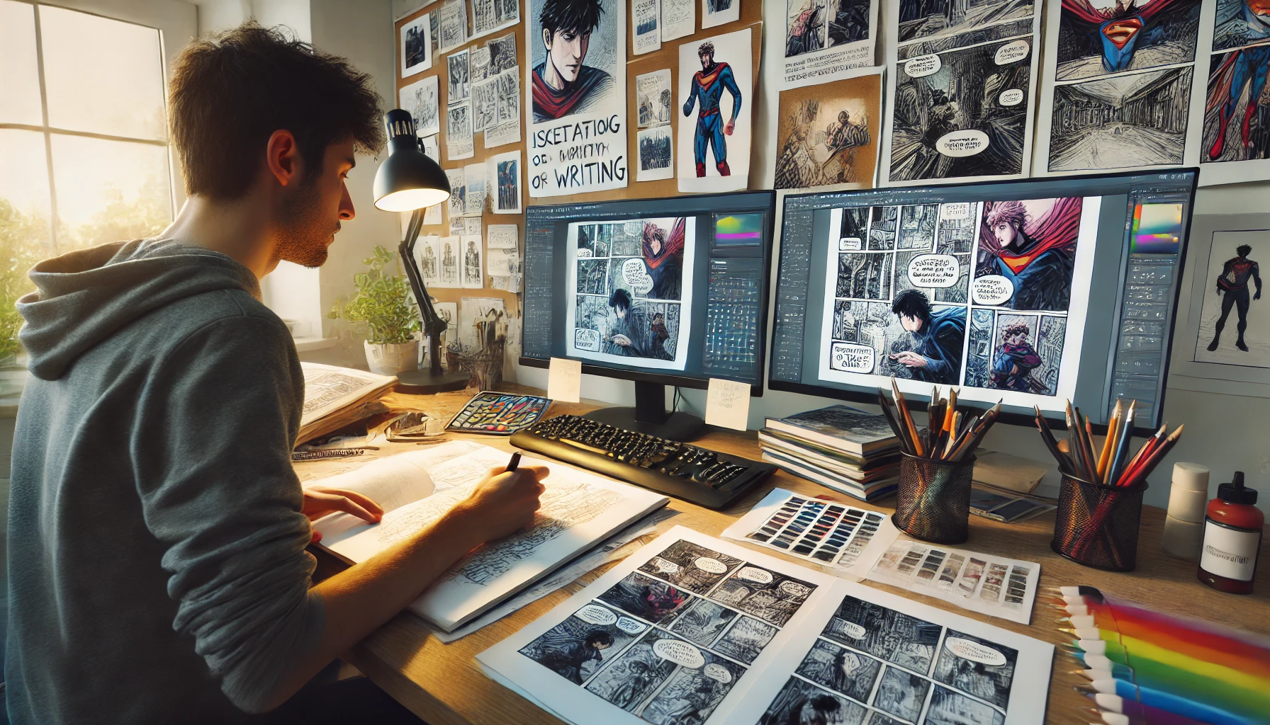 an artist working on the integration of sketching and writing in comic creation. 