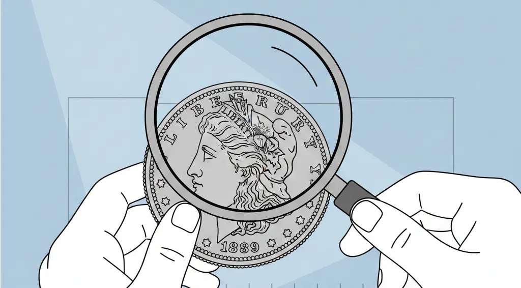 silver US coin under a magnifier during the checking process