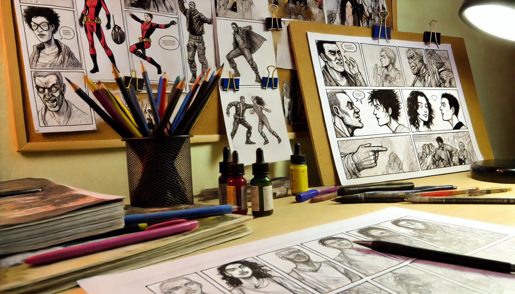 An artist's workspace with a focus on detailed comic panel sketches