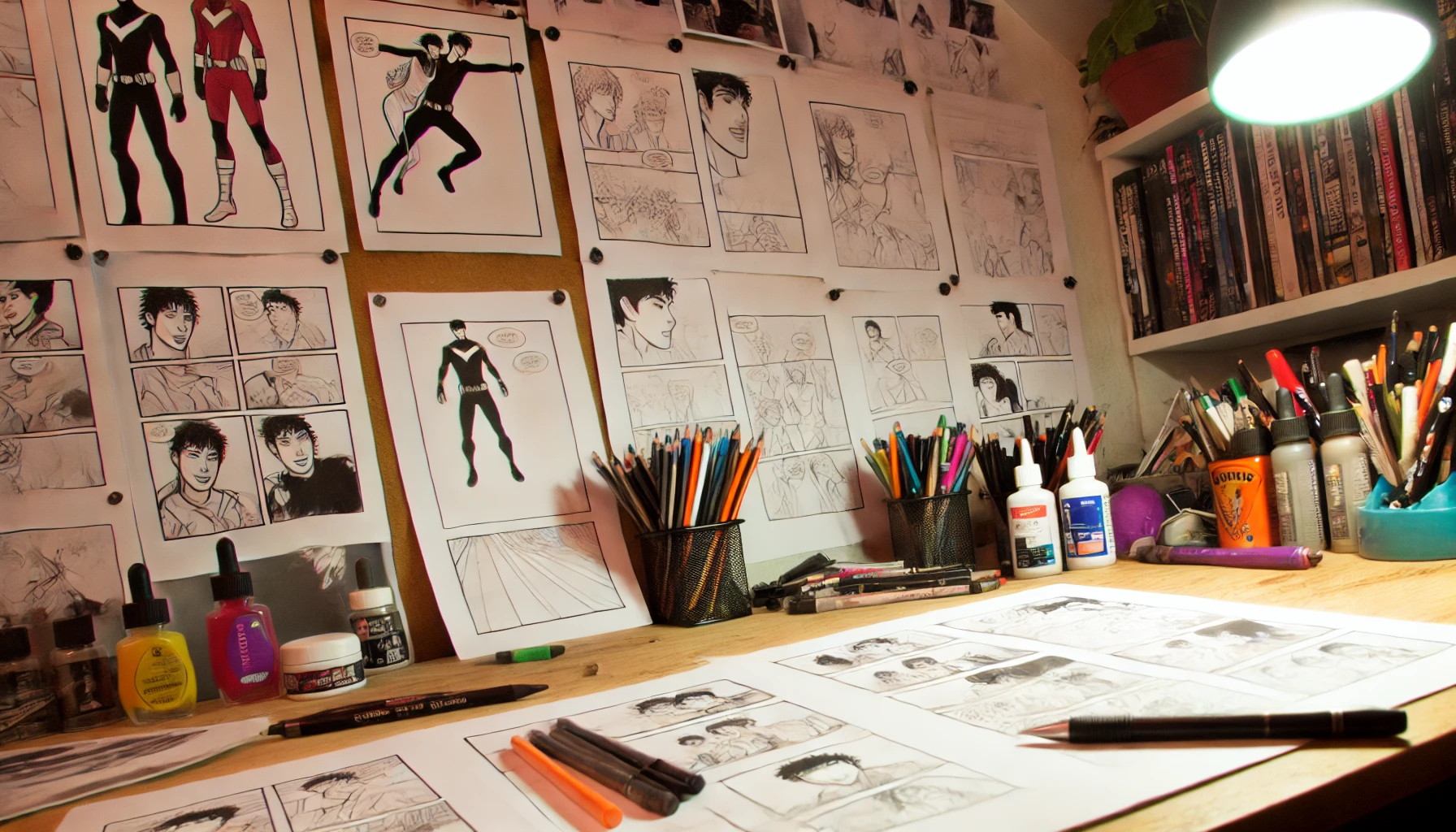 comic creator's workspace and the detailed sketching process involved in creating captivating comic panels