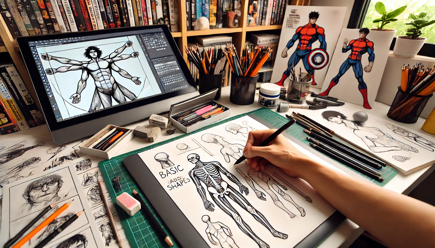 A comic artist's workspace showing a hand drawing basic shapes and human anatomy studies on a large sketchpad