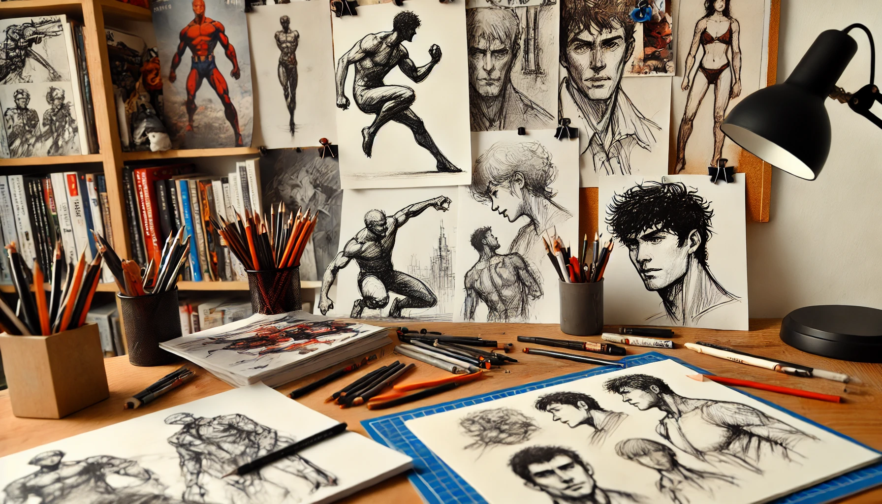 An artist's workspace focused on sketching gesture drawings and detailed character studies