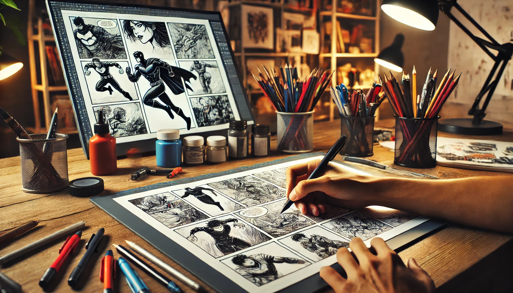 A comic artist's workspace with a hand drawing a storyboard on a large sketchpad