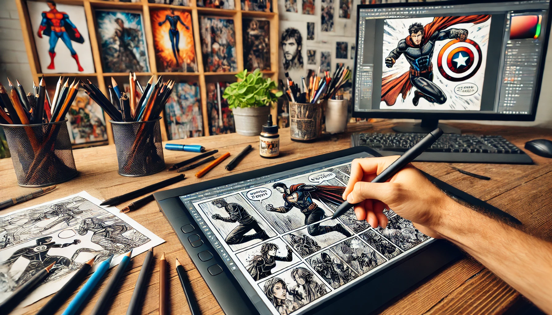 A comic creator's workspace with a hand drawing a detailed comic panel on a digital drawing tablet