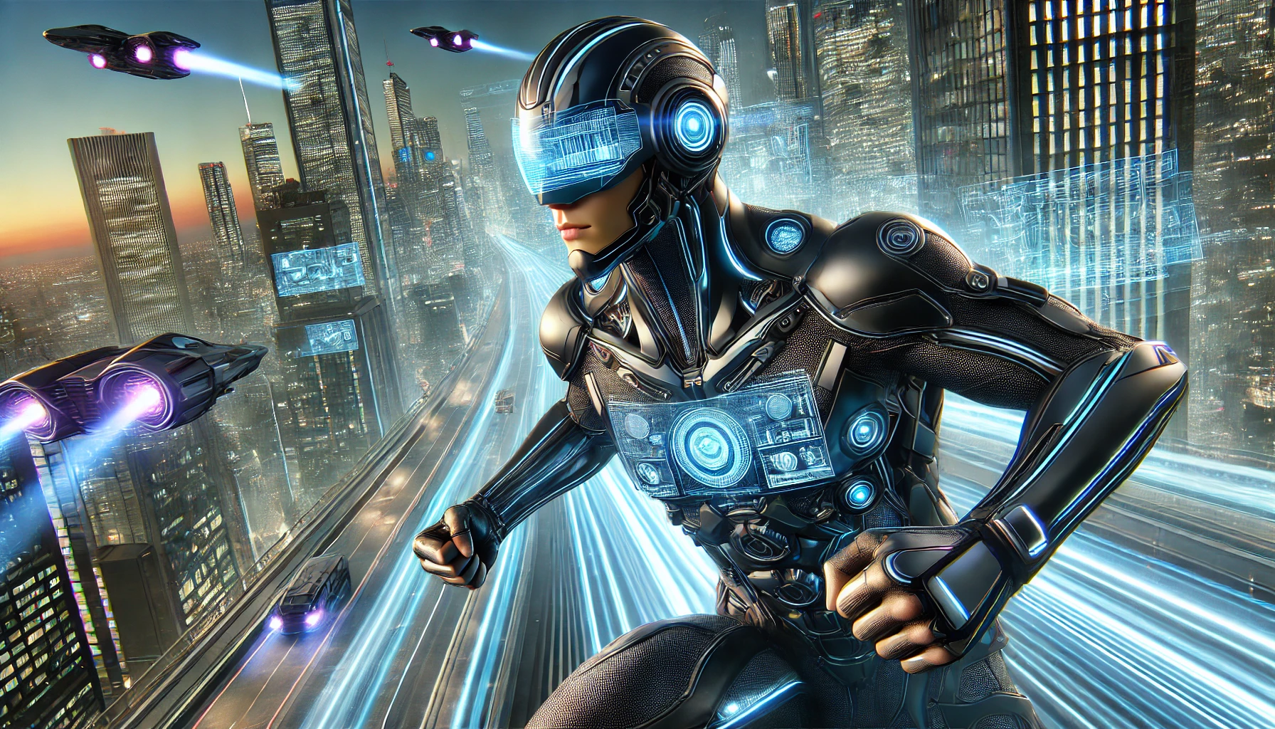 a male superhero using advanced technologies. He is wearing a sleek, high-tech suit with glowing blue accents, featuring various gadgets and a helmet with a visor displaying digital data.