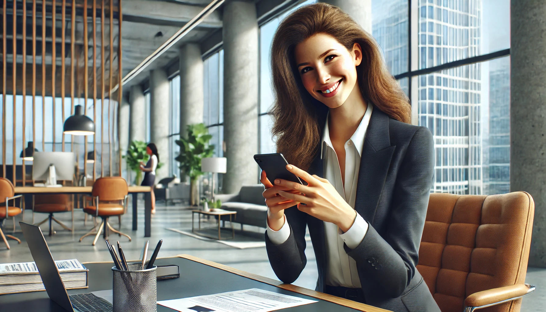 a smiling woman in a professional suit, using her phone in a modern office.